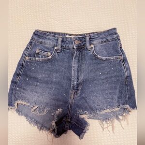 Zara Blue Distressed Rhinestone Jean Shorts